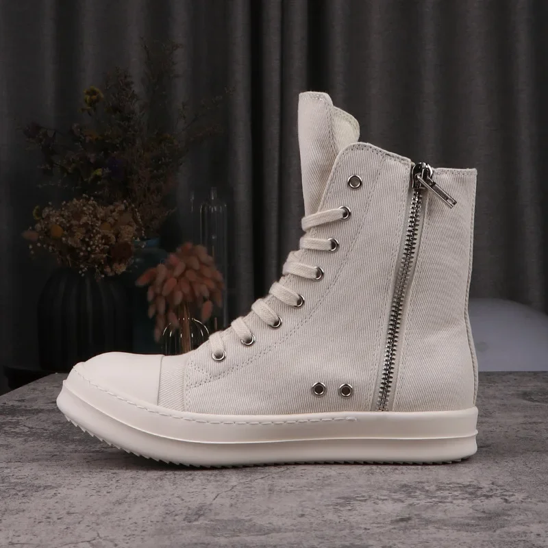 24ss Designer Brand Rick Canvas Shoes Pentagram Embroidery Owens Shoes For Women Lace-up White High-Top Casual RO Male Sneakers