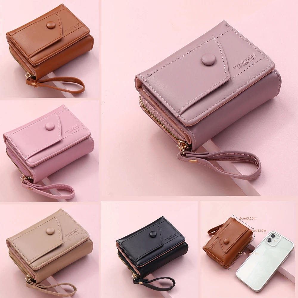 Four Seasons Women's Short Wallet Zipper Tower Buckle Zero Wallet Girl Student Handheld Bag Solid Color Simple Versatile Fashion