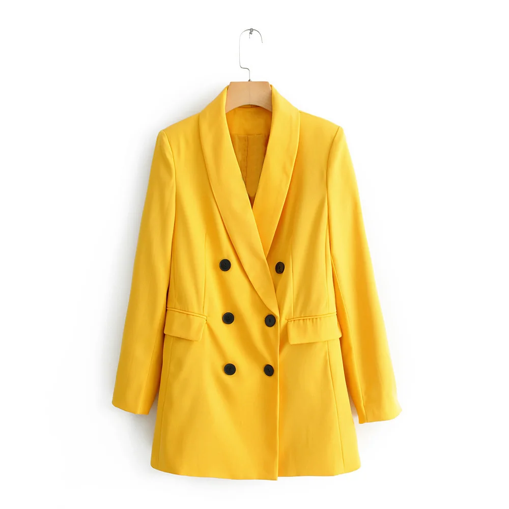  Tesco Fashion Women Suit Blazer Yellow Double Breasted Jacket Autumn Winter Formal Coat Loose Casual Female Suit blazer mujer