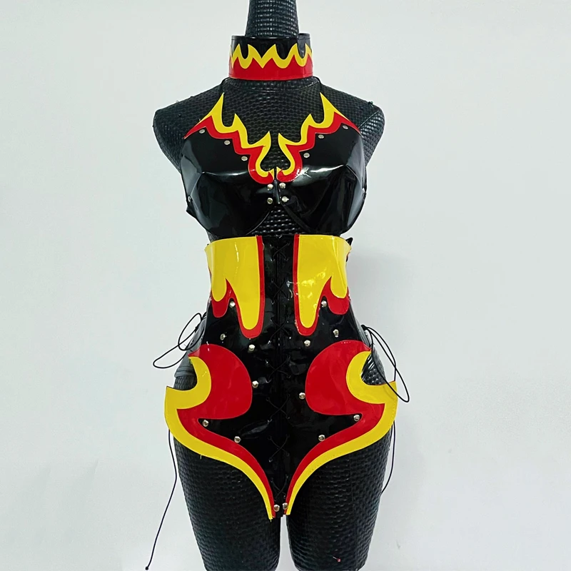 Sexy escultura chama couro bodysuit gogo trajes feminino festival rave outfits boate bar dj ds pólo dança roupas