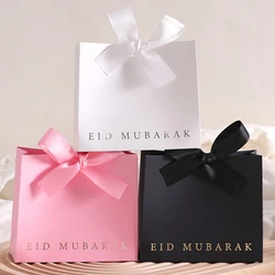 10Pcs, Eid Mubarak Laminated Mini Gift Boxes, Classic Black, White and Pink, with Elegant Ribbon, Size: 11.5*10 * 4.5cm - Perfe