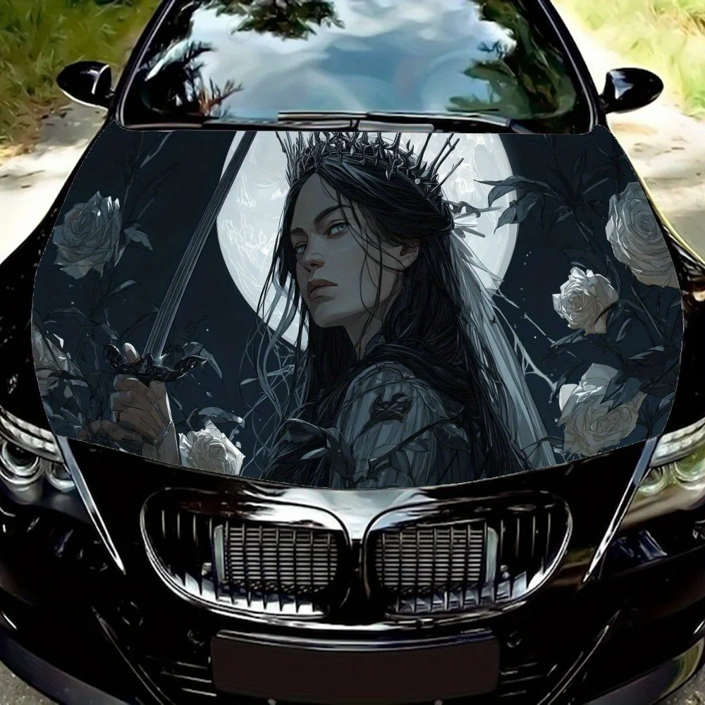 

Female Swordsman with Roses in Moonlit Night Print PVC Car Vinyl Wraps, Self-Adhesive Waterproof Car Hood Decal Sticker, Car Dec