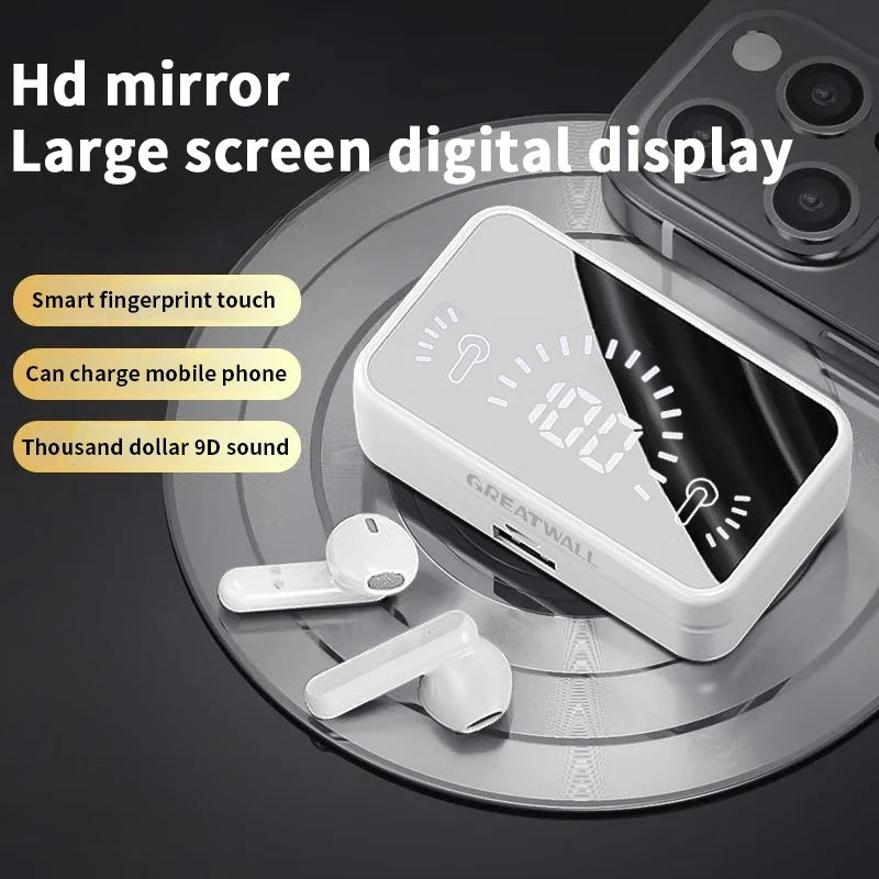 GREATWALL  Mirror  Wireless Bluetooth Headphones HiFi HD Sound Effect Game Earphones Smart Digital Display Charging Cabin