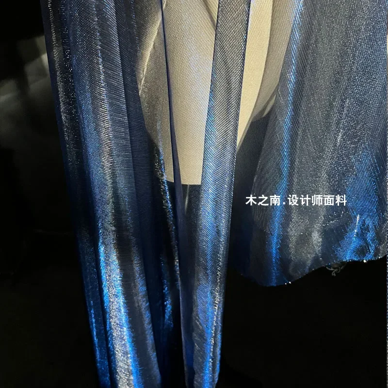 Royal Blue Laser Gradient Glitter Perspective Mesh Fabric Hanfu Stage Clothing Designer for Diy Sewing Material Wholesale Cloth