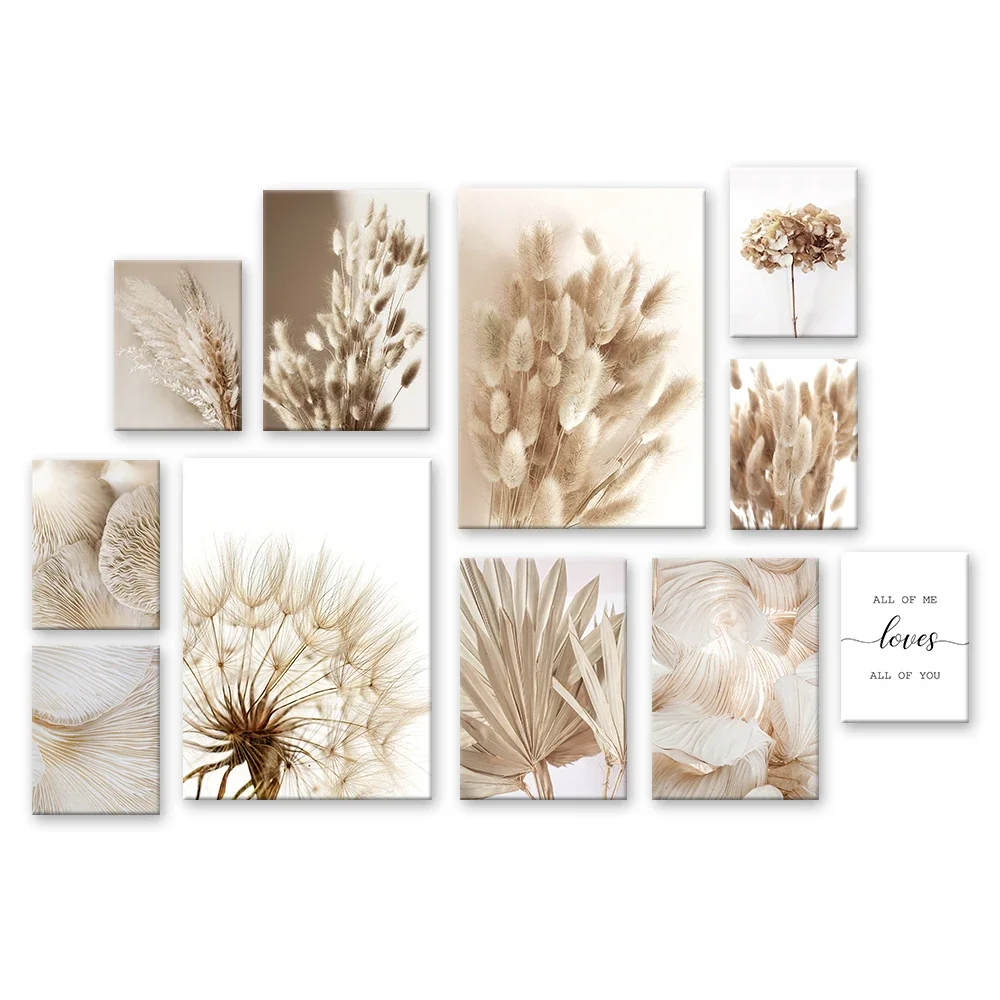 Beige Flower Reed Dandelion Mushroom Art Poster Canvas Print Decorative Paintings for Wall Nordic Picture for Modern Living R