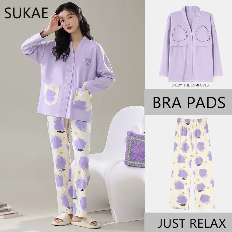 SUKAE Spring New Chest Padded Women Sleepwear Casual Kimono V-neck Long Sleeve Cardigan Mujer Floral Pajama Set M-3XL Loungewear