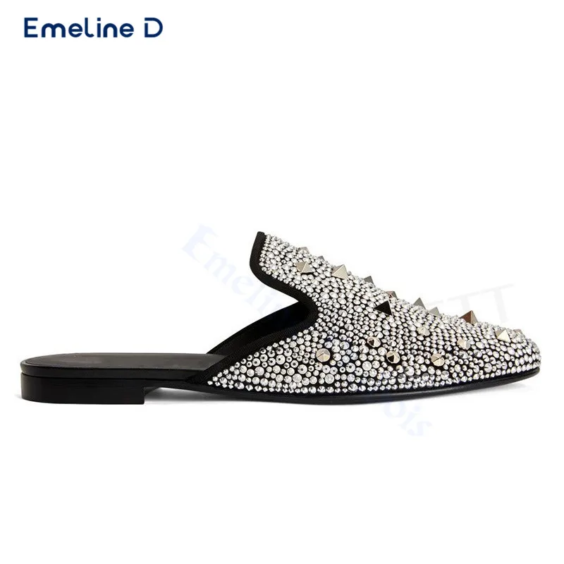 

Sliver Rhinestone Luxury Slippers Studded Closed Toe Slip-On Thick Heel Slippers Fashionable Casual Personality Men's Shoes