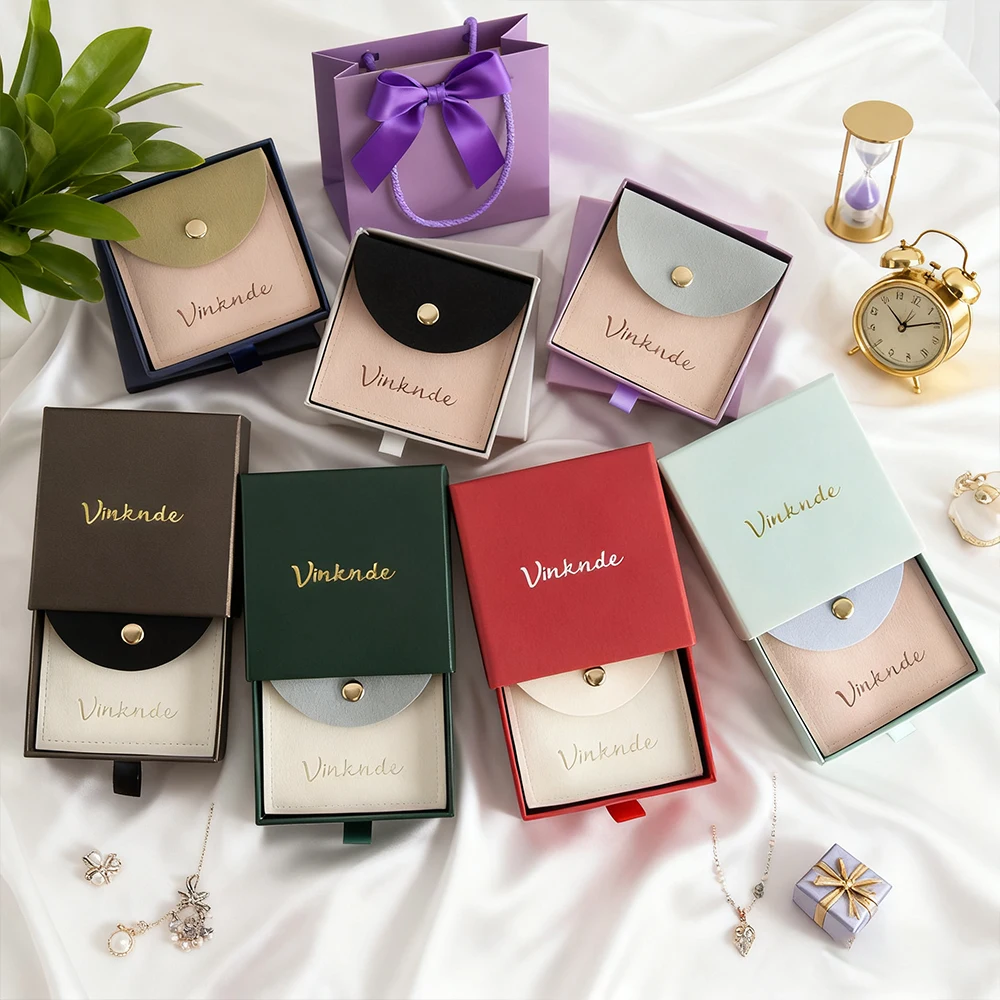 

8x8x1.7cm Sliding Jewelry Packaging Boxes Earring Ring Necklace Bracelet Brooch Gift Paper Drawer Box With 7x7cm Velvet Snap Bag