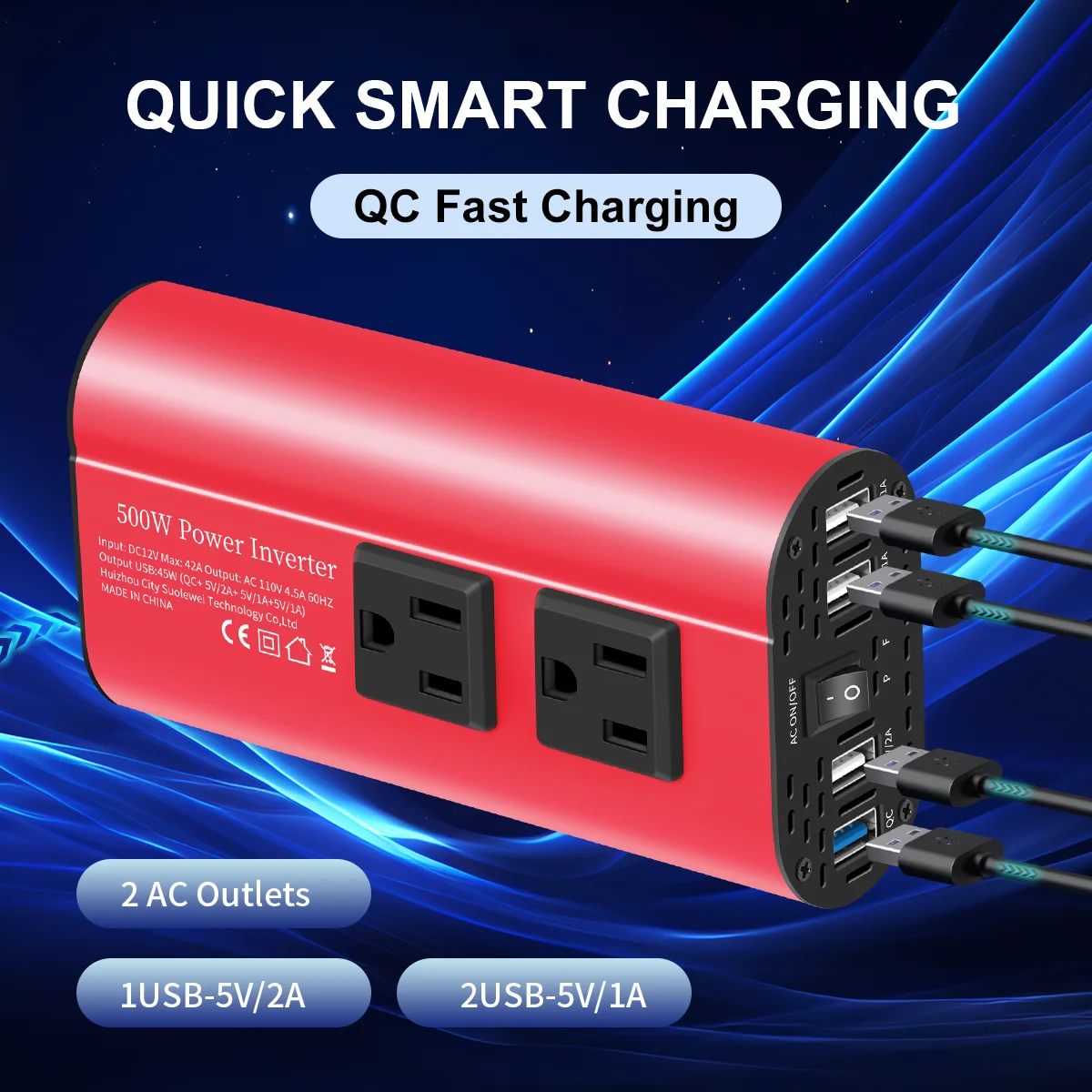 محول محمول عاكس موجة معدل 500 وات، تيار مستمر 12 فولت إلى تيار متردد 110 فولت 60 هرتز، واجهة USB متعددة جديدة #6