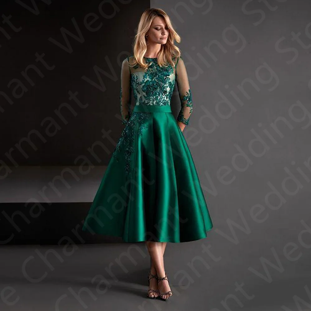 Latest Arrival Green Mother of the Bride Dresses Tea Length Lace Wedding Guest Gowns  Madre Vestidos 3/4 Sleeves Customized