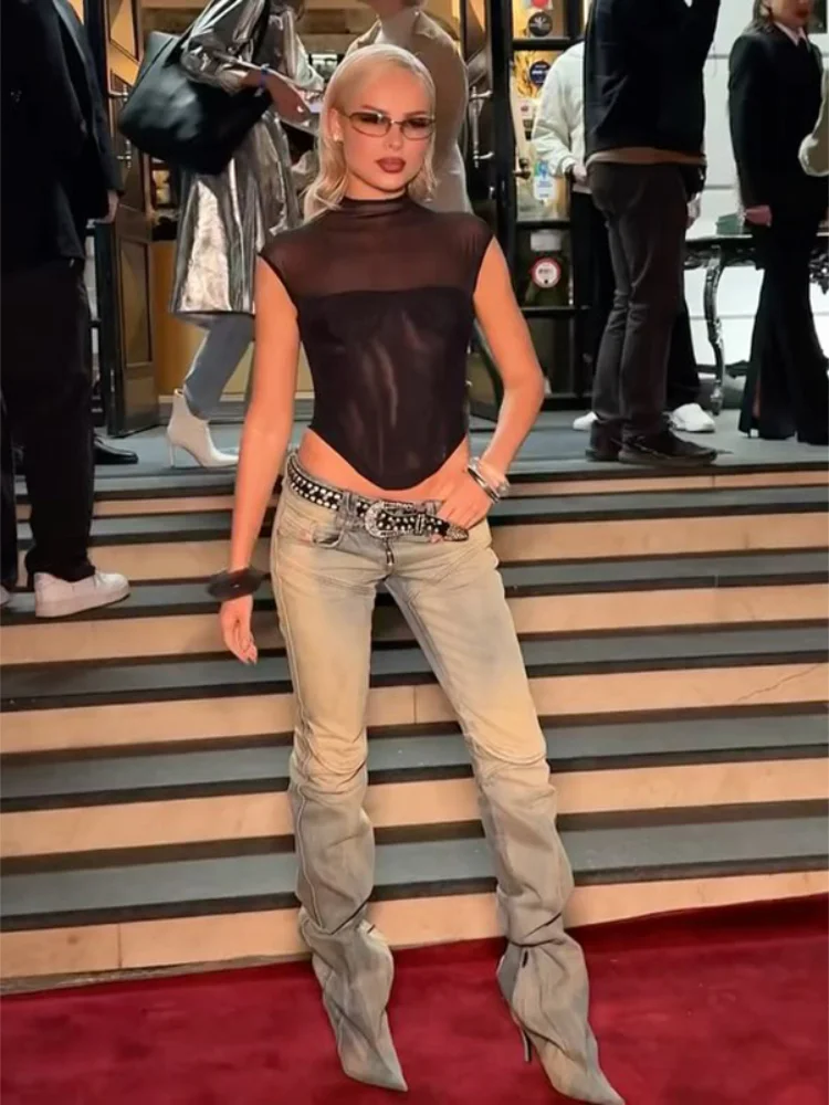 

Женский сексуальный топ из тюля в стиле пэчворк с рыбьей косточкой, шикарный топ без рукавов с завязкой на талии, прозрачная укороченная тонкая блузка 2026, женские клубные вечерние топы