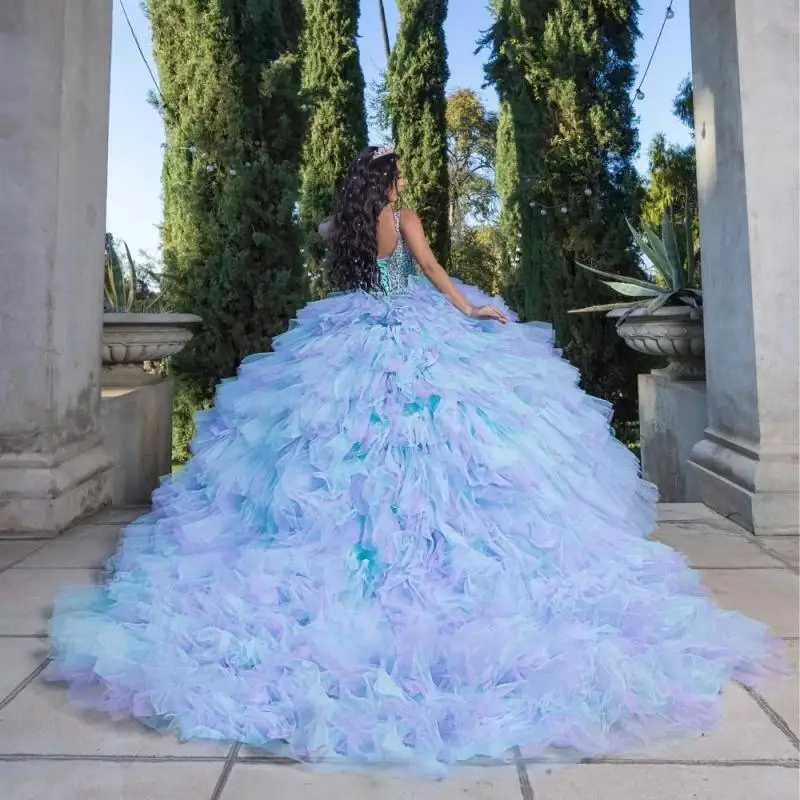 

Customized Lilac sky blue Quinceanera Dress Ball Gown Ruffles Tull Beaded Crystal Tiered Sweet 16 Vestido De 15 Anos