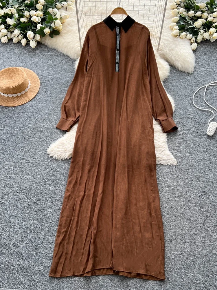 Elegancki, bogato zdobiony kołnierzyk, długi rękaw, długość do kolan, wyszczuplający, casualowy damski drukowany poliester, wysoki stan, krój A...