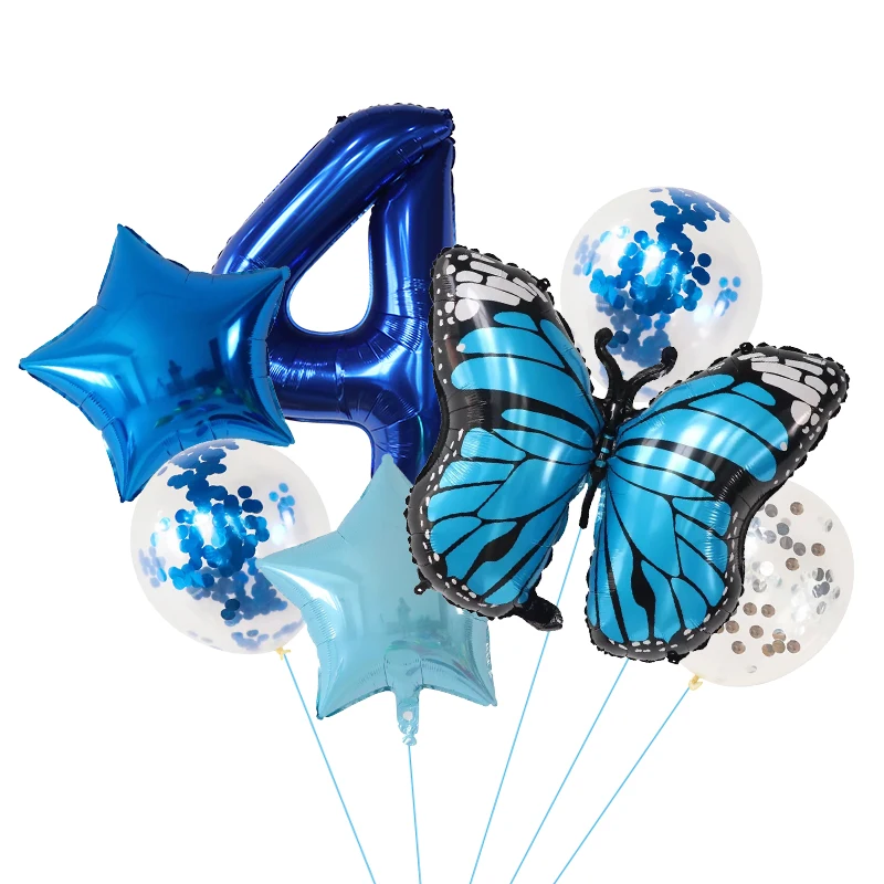 7Pcs Blue Butterfly Digital Balloons Set 30Inch Number Bow Air Globos Boys Girl\'s Birthday Party Home Decorations Kids Toys Gift