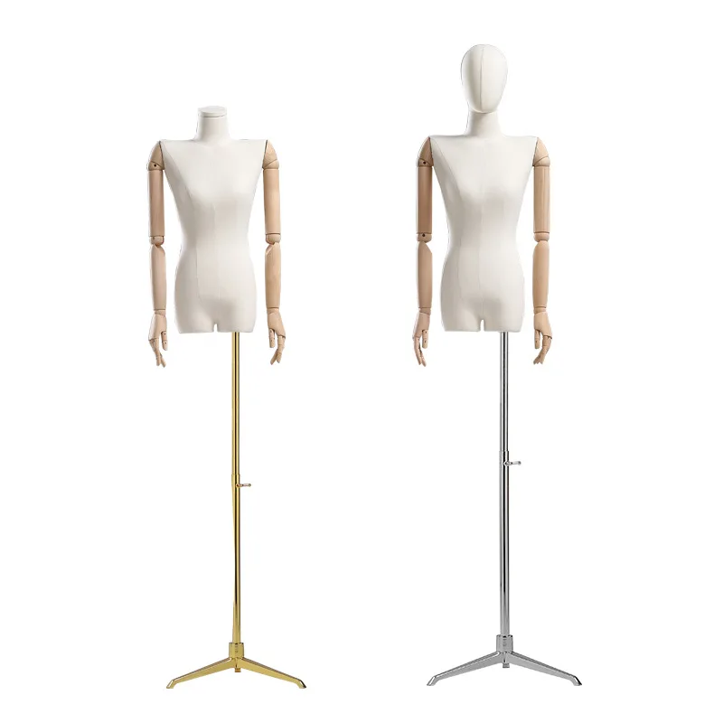 Fabric Cover Female Korean Flat Shoulder Half Body Mannequin Torso Metal Base with Wood Arm for Clothing Display Adjustable Rack