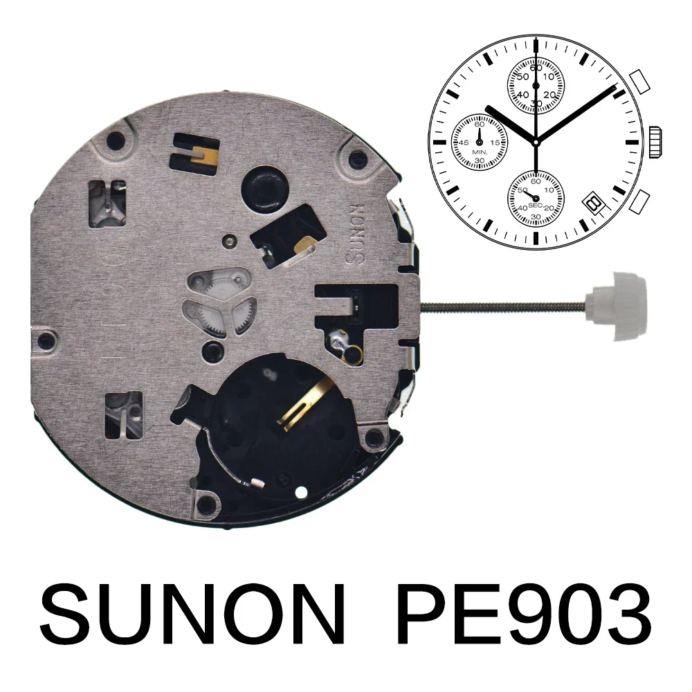 PE903 Quartz Movement Sunon PE90 Movement Watch Repair Parts Three Hands with 3 Eyes Date Small Chronograph Second Minute 24Hour