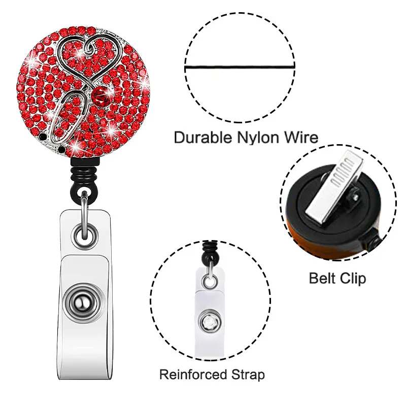 2026 New Design 1 Piece Quality Rhinestone Stethoscope Retractable Nurse Badge Reel Doctor ID Card Holder Christmas Gift