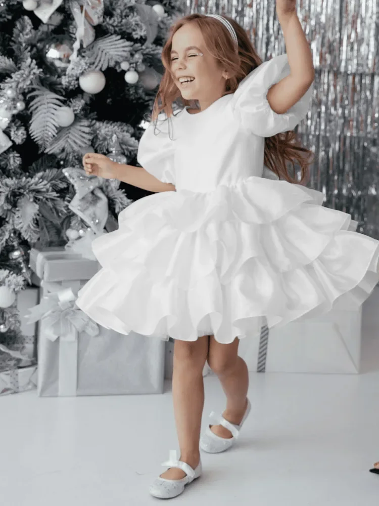 Flower Girls Dress bridesmaid dress wedding girl White Puff Skirt Elegant Wedding Party Short Sleeves Concert Bridesmaid Gown