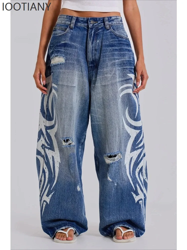

Whitegraffiti Printed Jeans Fashion Women 2026 New Harajuku High Street Large Size Loose Pants Casual High Waist Jeans 2026