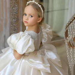 Princess Dress High End Girl Dress White Satin Flower Girl Host Wedding Dress Birthday Little Girl Evening Clothes