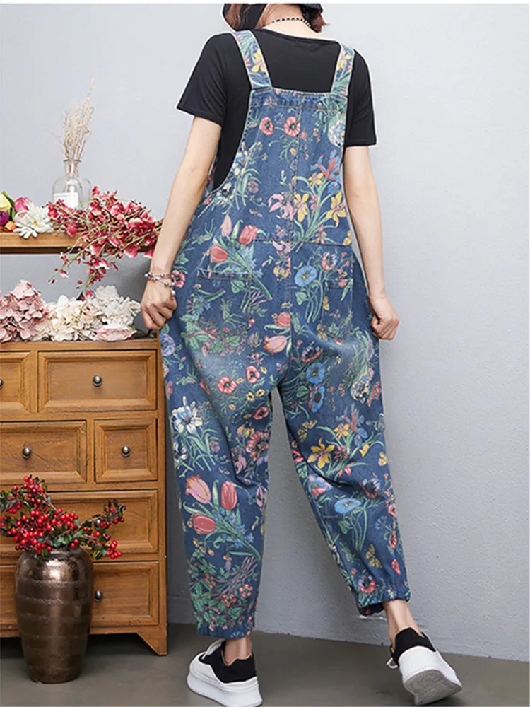 Fashion Streetwear Print Floral Denim Jumpsuit Women Casual Loose Wide Leg Pants Rompers Big Size Pockets Straps Jeans Overalls