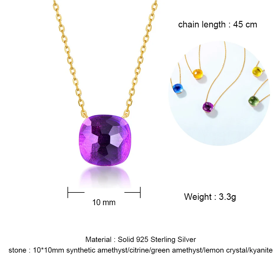 

ALLNOEL 925 Silver Necklace For Women Synthetic Square Crystal Necklace Colorful Gemstone Amethyst Citrine Jewelry Party Gift