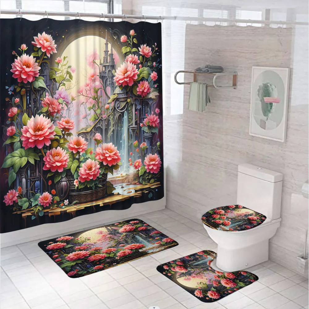 4Pcs Pink Blooming Flowers Bathroom Set with Shower Curtain Rug Bath Mat Toilet Cover Fantasy Castle Scenery Moon Bath Curtains