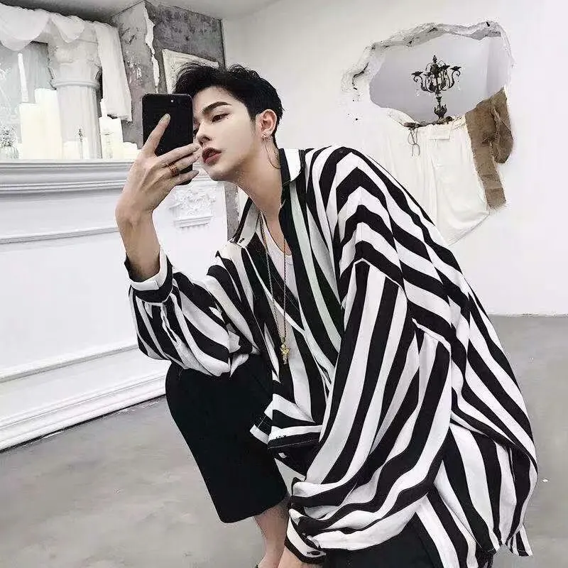 Goth Men's High-Grade Pu Handsome Batwing Sleeve Stripe Shirts Men's Long sleeve Summer Ice Silk Handsome Loose Shirt