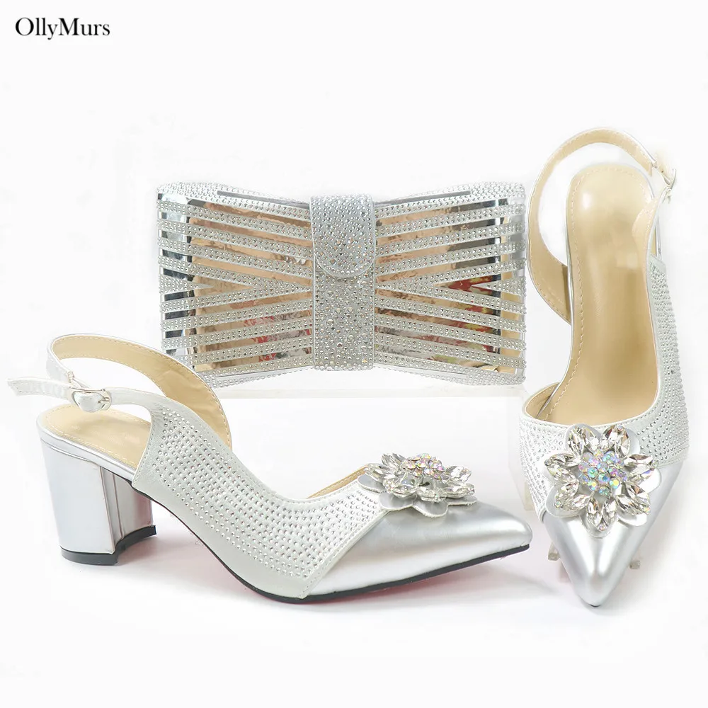 High Quality Nigerian Gold Color Wedding Shoes And Bag Set Italian Design Rhinestone Women Pumps Shoes And Bag Set For Party