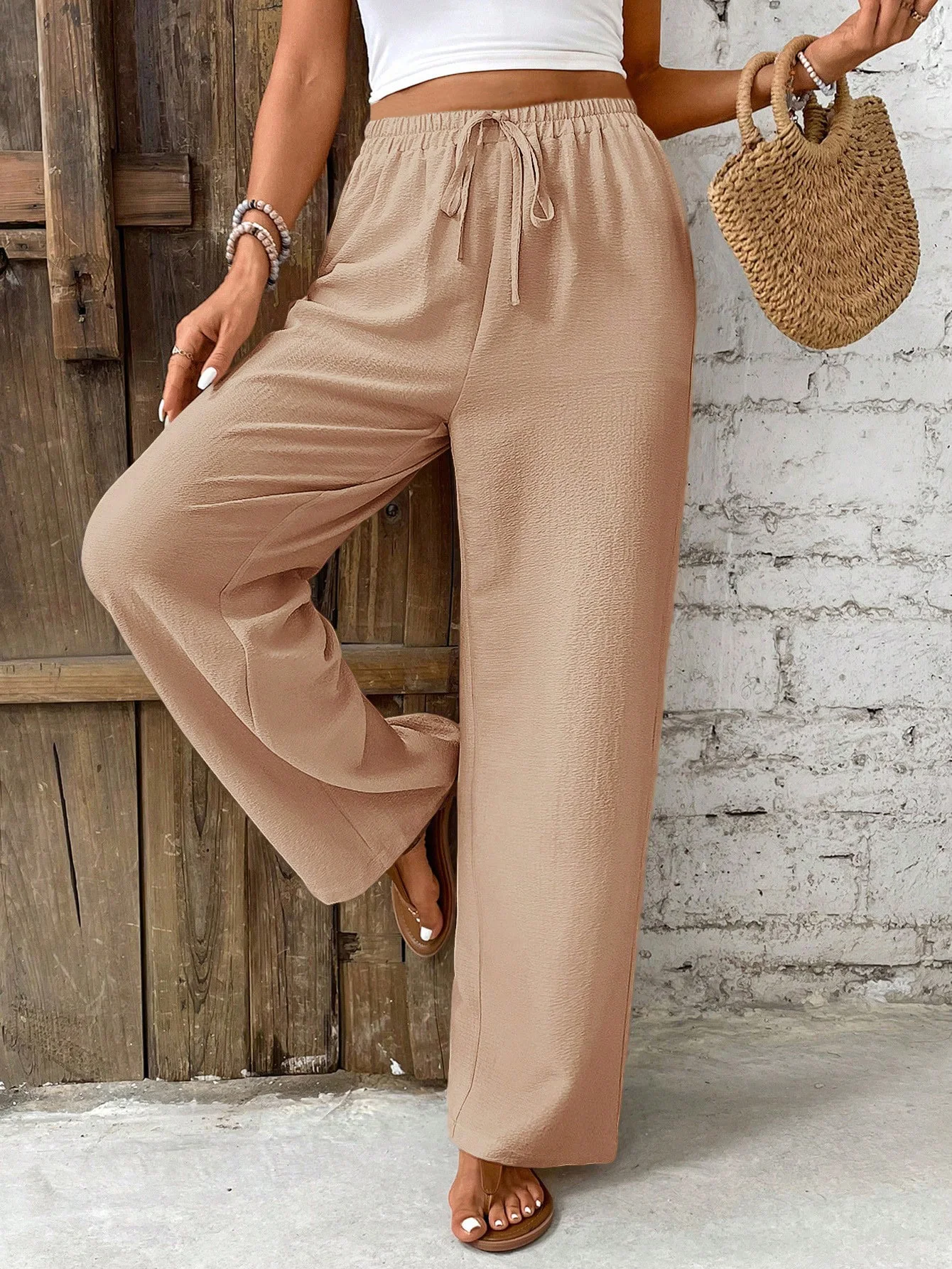 

Khaki High Waist Wide Leg Pants for Woman Drawstring Waist Soft Textured Fabric Casual Chic for Daily Wear