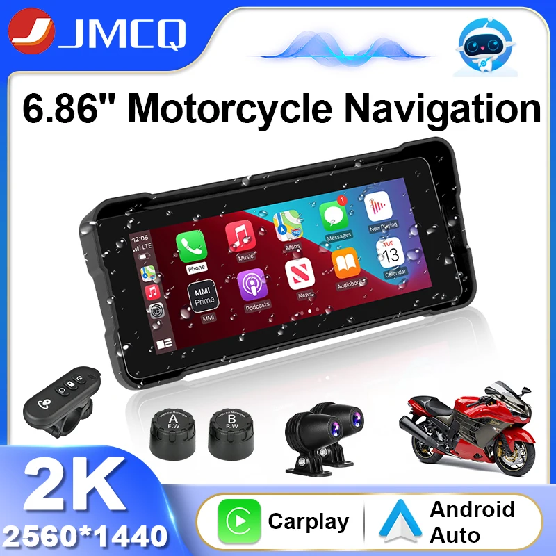 JMCQ 6.86 Inch 2K HD Motorcycle DVR IPX7 Waterproof Wireless Carplay Display Screen Portable Motorcycle GPS Navigation Monitor