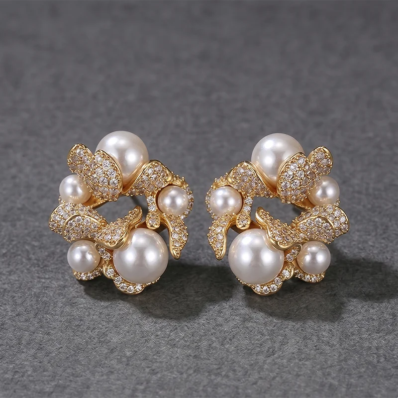 High Quality Big Puffy Earrings Gold,Silver Plated Bling CZ Flower Shaped Stud Earrings Valentine's Day Jewelry Gift Supplier