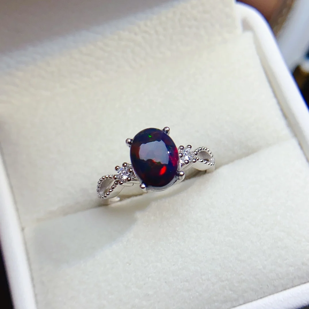 FS S925 Sterling Silver Inlay 7*9 Natural Black Opal Fashion Ring for Women Fine Charm Weddings Jewelry With Certificate MeiBaPJ