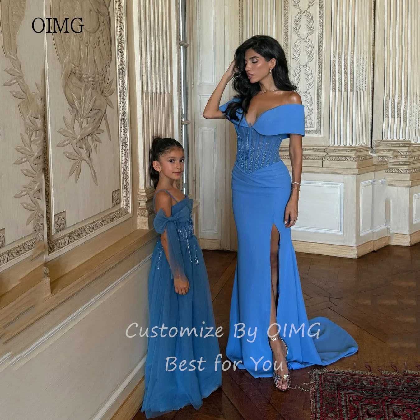 OIMG Märchen Weg Von Der Schulter Blau Meerjungfrau Prom Kleider Seite Schlitz Perlen Party Kleid Bodenlangen Abendkleid Angepasst