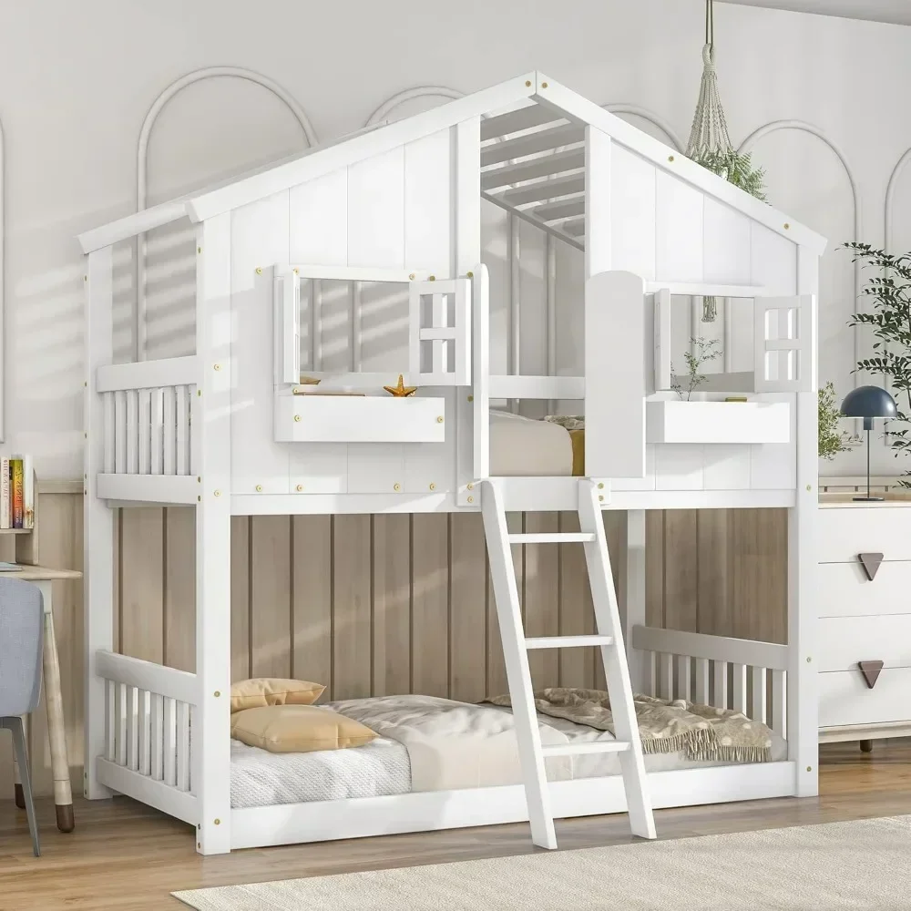 Litera doble para niños con estructura de madera doble con techo, ventana, caja con ventana, puerta, barandillas de seguridad y escalera, litera resistente y de seguridad