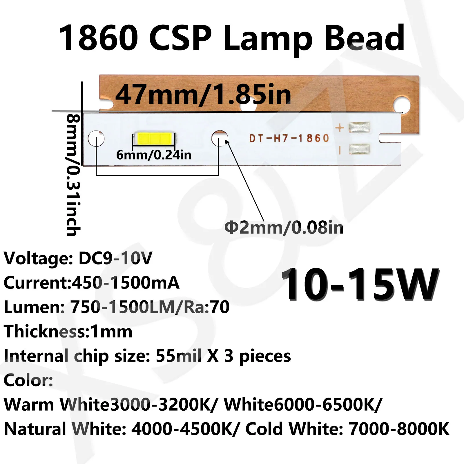 10-15W LED 1860 CSP Lamp Bead DC9-10V H1 H3 H7 1500LM Ra≥ 70 Four Color Automobile Headlamp Bead Detection Lamp Bead Replace DIY