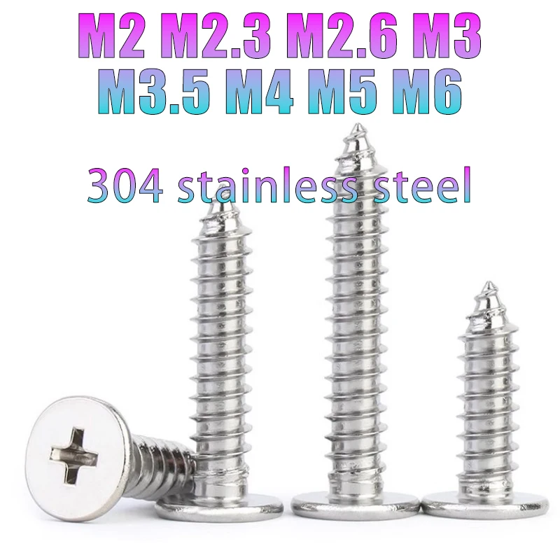 10-100pcs M2 M2.3 M2.6 M3 M3.5 M4-M6 304 Stainless Steel Cross Phillips Super Ultra Thin Flat Wafer Head Self-tapping Wood Screw