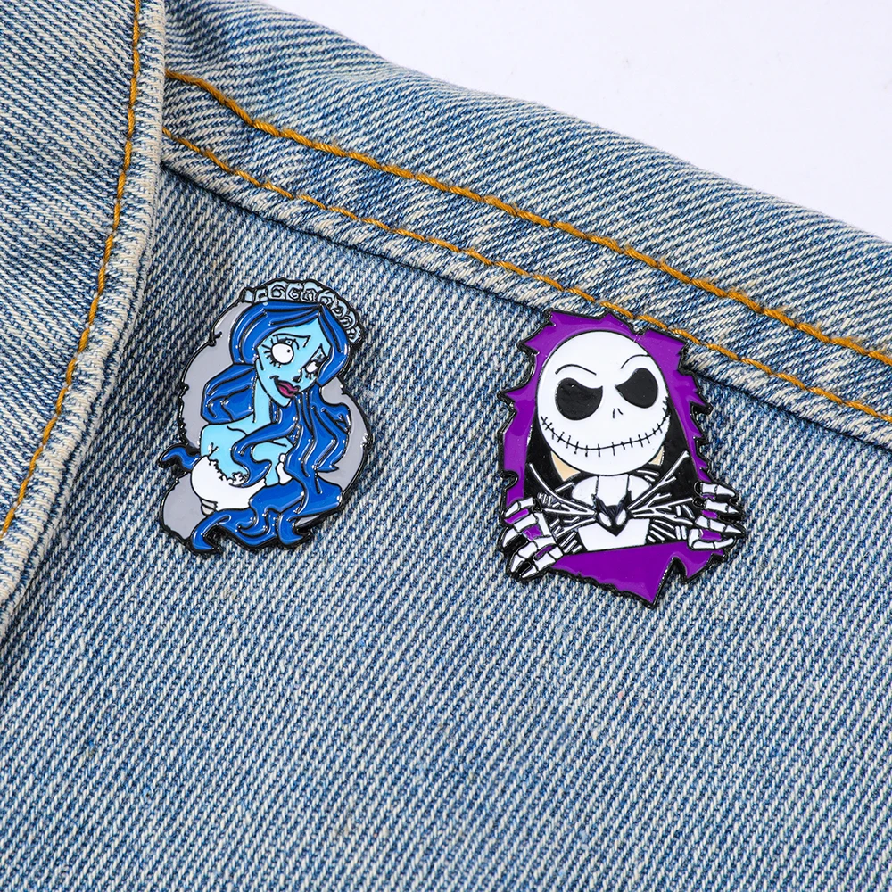 2 Broches de Metal Esmaltados con Personajes de Dibujos Animados de La Novia Cadáver, Diseño de Calavera, Creativos, para Mochilas, Ropa, Joyería, Accesorios, Regalo