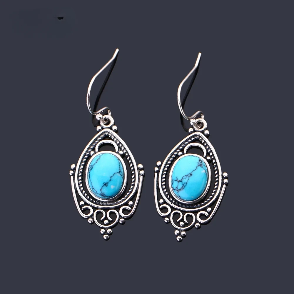 Retro Texture Oval 8X10MM Turquoise Earrings for Women 925 Sterling Silver Earrings Fashion Gift Party Fine Jewelry