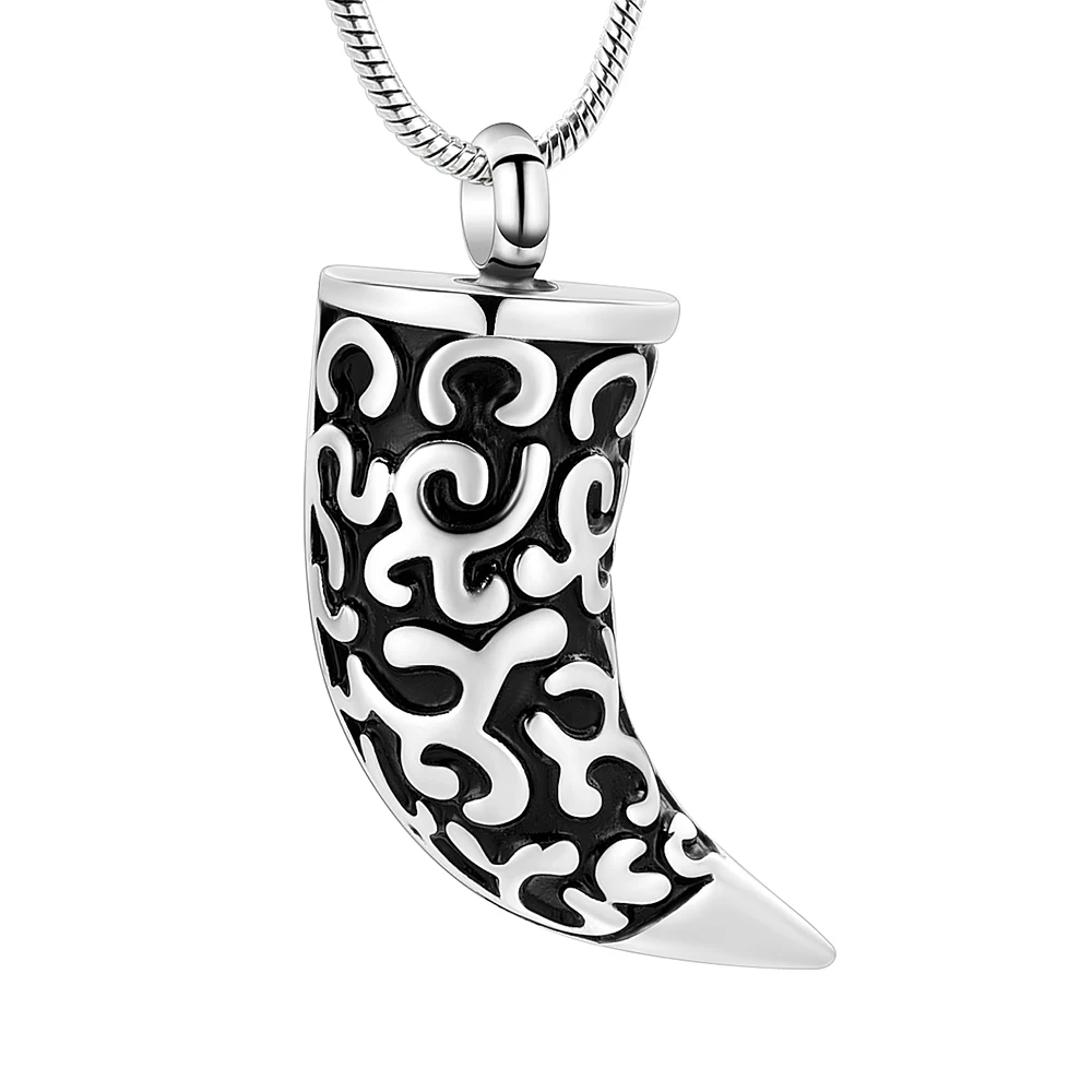 Cremation Jewelry For Ashes Pendant Necklace Carve Pattern Canine Teeth Shape Stainless Steel Urn Memorial Keepsake Jewelry