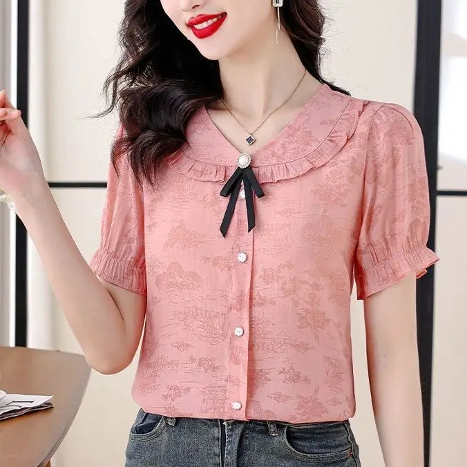 

French-style Thin Print Short Sleeved Shirt for Women New Summer Korean Style Fashionable Top with Doll Collar