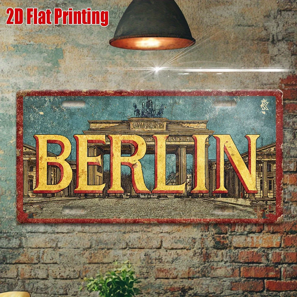 Berlin License Plate - Retro German Metal Wall Decor with Brandenburg Gate Design, Heavy-Duty Aluminum Sign for Indoor/Outdoo