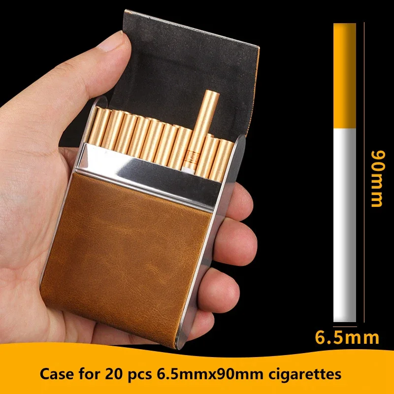 Magnetic Snap Leather Cigarette Case - 20 Regular/Medium Cigarettes Holder, Portable Moisture-Proof Metal Box for Men/Women