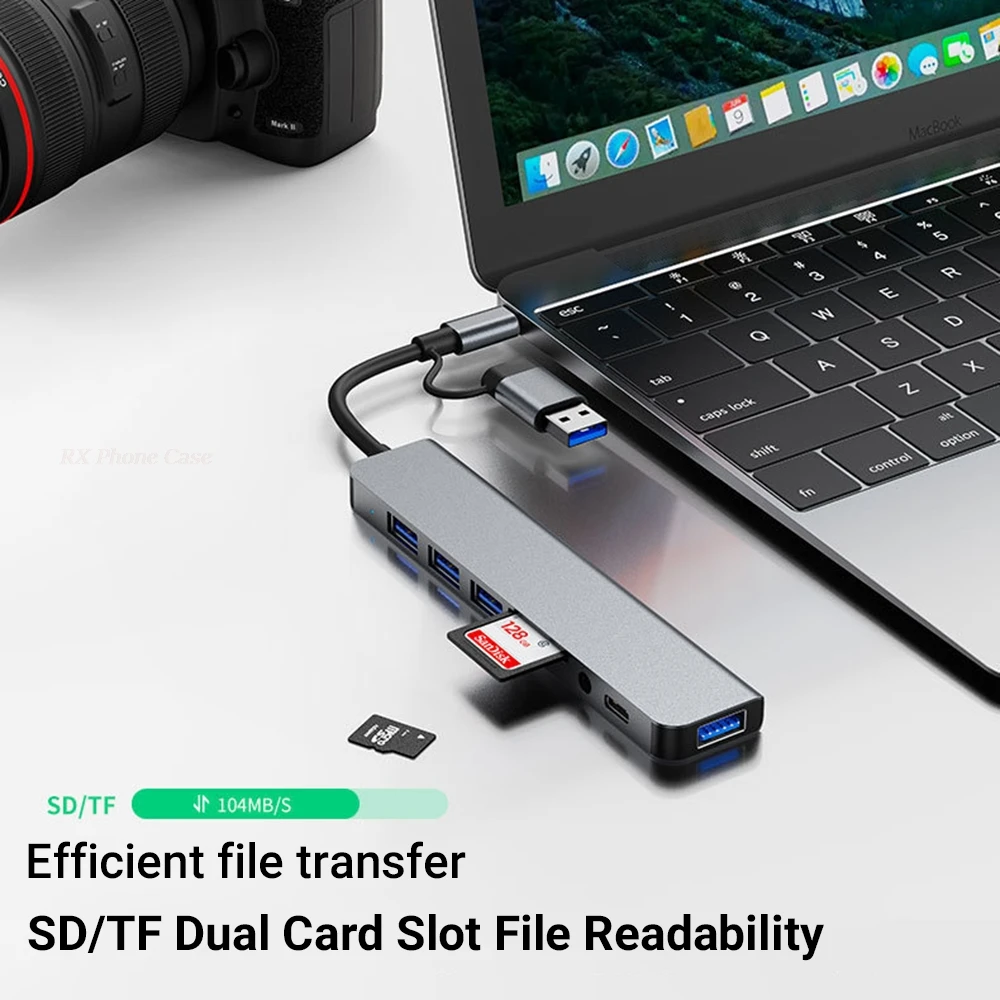 8 In 2 USB C Hub Expander Multiport Adapter Type C Splitter Dock USB 3 Port For Phone Samsung Tablet Fast Data Transfer Charging