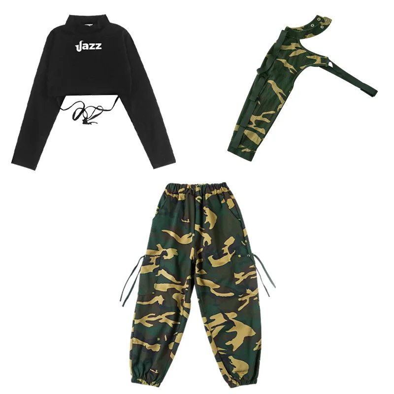 Girls Hip Hop Sweatshirt Cuff Camouflage Cargo Pants Outfits Children Joggers Street Dance Kids Streetwear Costumes Sportwear