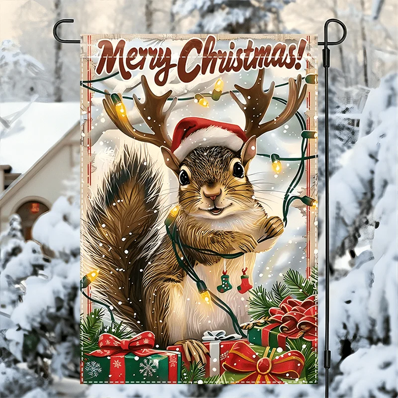 1pc 12x18inch Waterproof Burlap Rustic Christmas Squirrel Garden Flag, Double-Sided, Polyester, Outdoor Yard Lawn Decor
