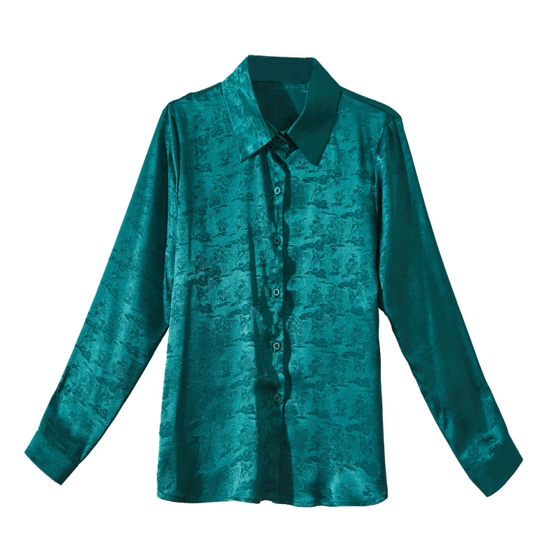Chemise Jacquard en Satin pour femmes, élégante, mode printemps-automne, hauts professionnels, col rabattu, simple boutonnage, chemisier pour femmes