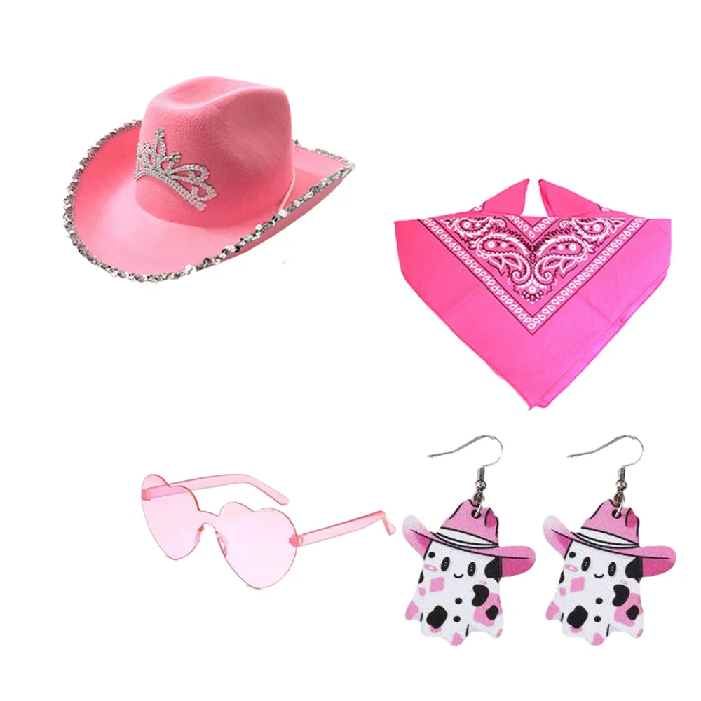 PESENAR Set di accessori in stile denim rosa compresi occhiali da sole a forma di cuore, cappello con diamanti, fazzoletto stampato e graziosi orecchini