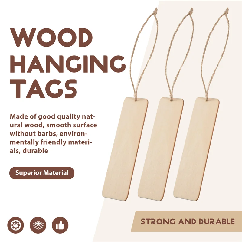 50 PCS Wood Blank Bookmarks Unfinished Wooden Book Marks Hanging Tag With Holes And Ropes DIY Craft Projects