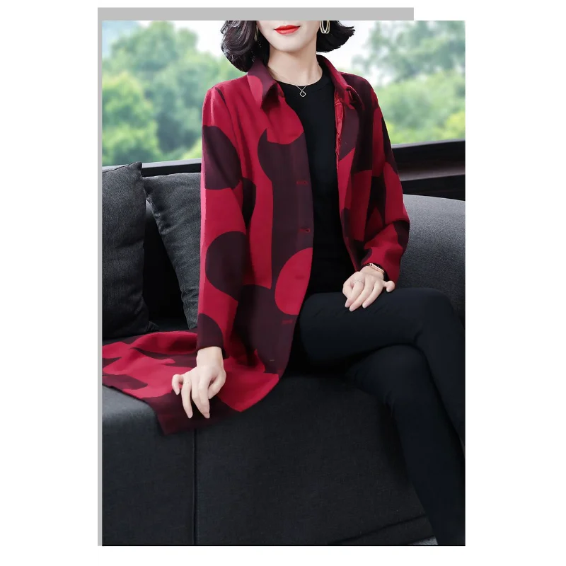 レディース新作ステッチ入りポロ襟ボタンプリントファッションゆったり万能カジュアル長袖トレンチコート